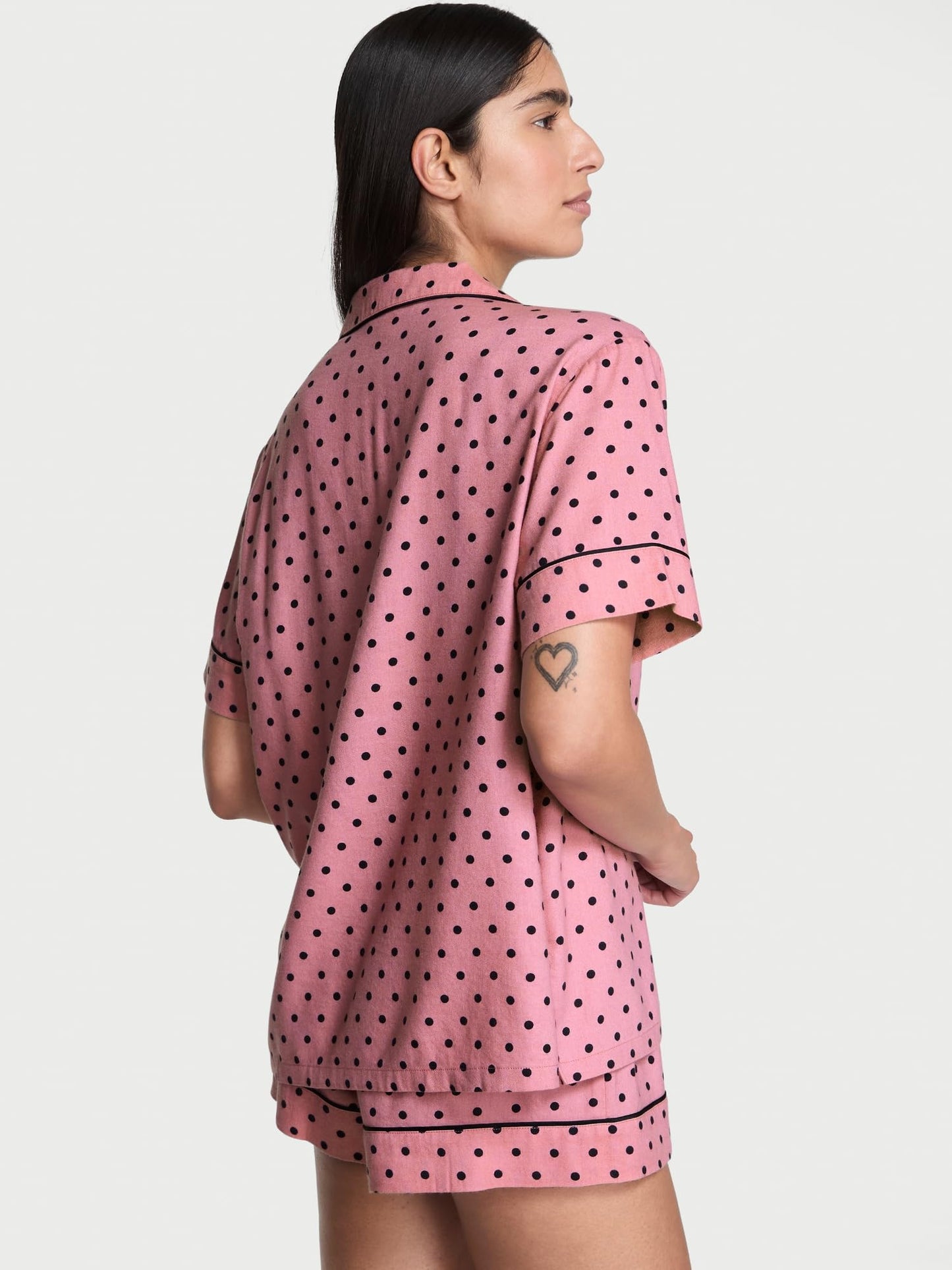 Victoria's Secret Flannel Pajama Set, Short Sleeve Shirt and Shorts, Pajamas for Women, Black Dot, S