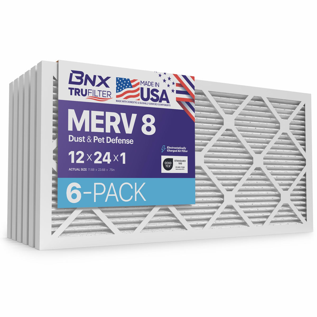 BNX TruFilter 12x24x1 Air Filter MERV 8 (6-Pack) - MADE IN USA – Dust & Pet Defense Electrostatic Pleated Air Conditioner HVAC AC Furnace Filters for Dust, Pet, Mold, Pollen MPR 600 – 700 & FPR 5
