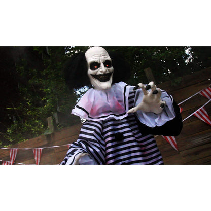 Haunted Hill Farm Scary Animatronic Talking Clown with Touch Activated Lights and Sounds, Indoor or Covered Outdoor Halloween Decorations for Home or Haunted House, Battery Operated Halloween Props