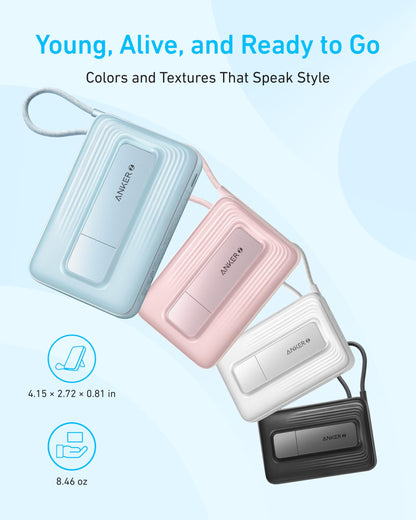 ANKER Zolo Magnetic Power Bank, 10,000mAh Wireless Portable Charger with 30W Max Fast Charging, Battery Pack with Built-in USB-C Cable and Adjustable Stand, for iPhone 16/15 Series, AirPods, and More