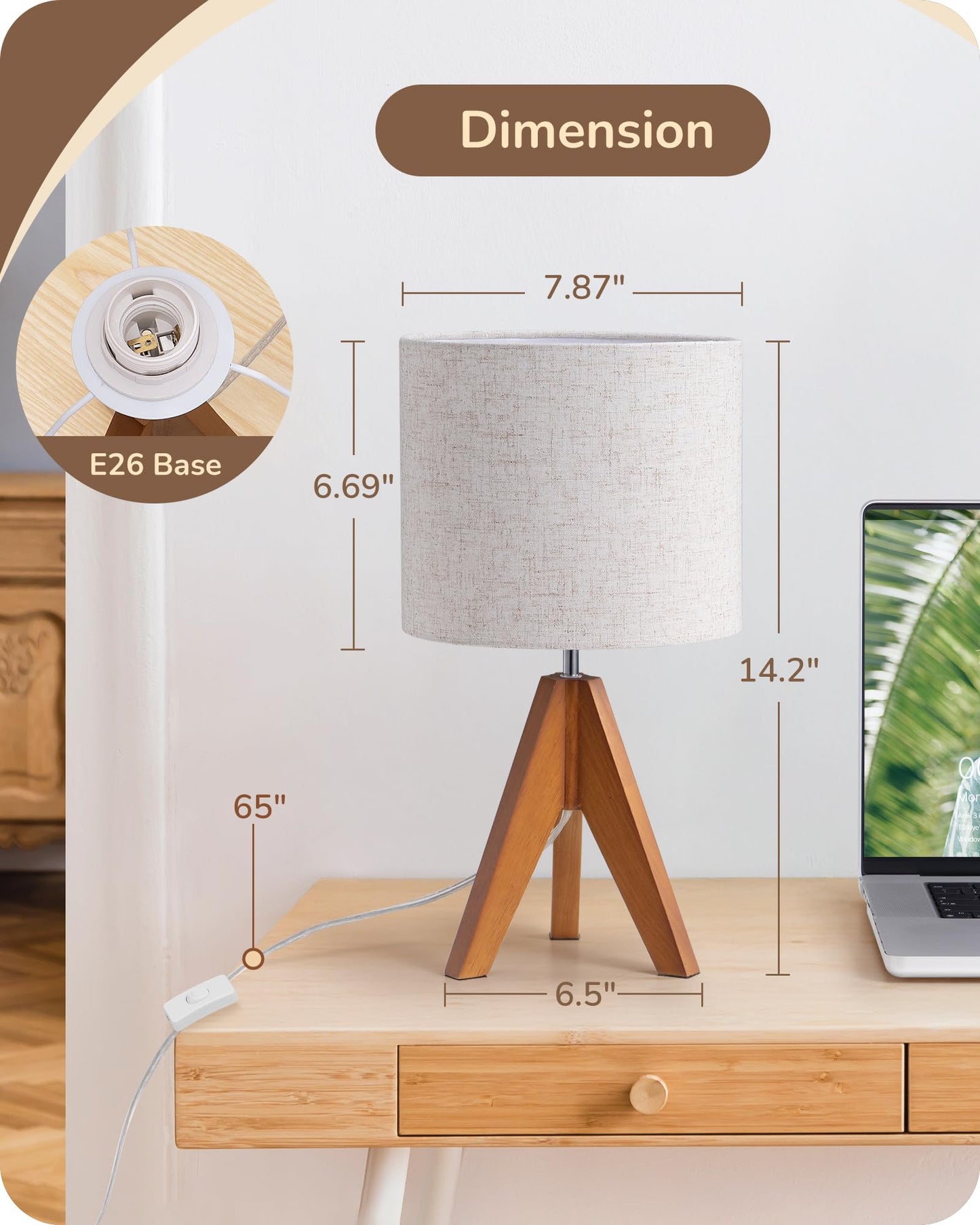 EDISHINE Tripod Table Lamp, Small Cute Bedside Lamp with Linen Beige Lampshade, Nightstand Lamp for Nursery, Bedroom, Kid Room, Living Room, Light Brown Wooden Base, E26 Socket, 14.2 Inch