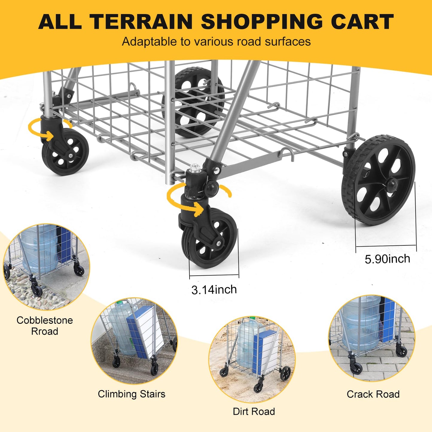 Shopping Cart with 360° Rolling Swivel Wheels, Portable Utility Cart for Grocery, Folding Shopping Cart with Waterproof Basket Liner, Collapsible Cart 120lbs, Sliver