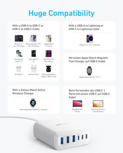 Anker Desktop Charger, Fast Charging USB C Charger, 112W Max 6-Port Charging Station, for iPhone17, iPad, MacBook, Samsung and More (Cable Not Included)