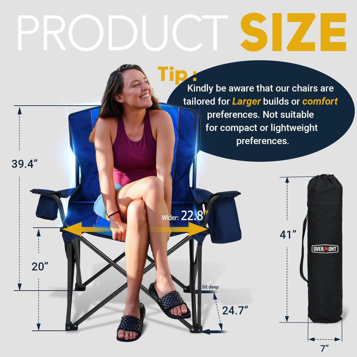 Overmont Oversized Folding Camping Chair - 450lbs Support with Padded Cushion Cooler Pockets - Heavy Duty Collapsible Chairs for Sports Garden Beach Fishing Blue