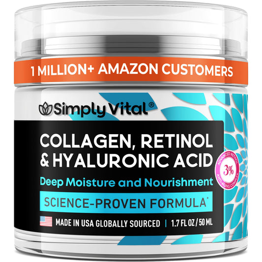 SimplyVital Collagen, Retinol & Hyaluronic Acid Cream - Anti-Aging Face Moisturizer for Face, Firming Skin Care Neck & Décolleté - Made in USA, Daily Moisturizer Face Cream Day & Night - 1.7 fl.oz.