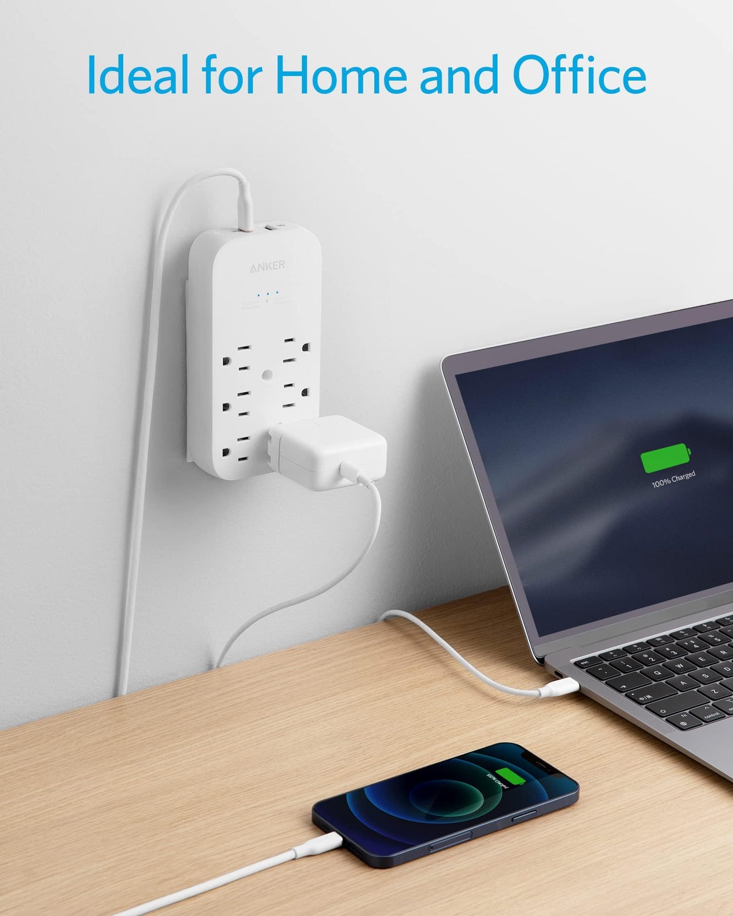 Anker Outlet Extender and USB Wall Charger, 6 Outlets and 2 USB Ports, 20W USB-C Power Delivery High-Speed Charging iPhone 15/15 Plus/15 Pro/15 Pro Max, Multi-Plug for Dorm, Home, and Office