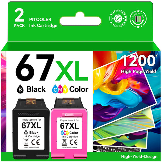 67XL Ink Cartridges Black Color Combo Pack, P𝗶tooler Compatible for HP Ink 67 Compatible for DeskJet 2755e 2855e 2700 4155e 2800e 2700e 2734e 4255e Compatible for Envy 6055e 6000 6455e Printer