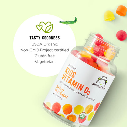 Amazon Brand - Mama Bear Organic Kids Vitamin D3 25 mcg (1000 IU) Gummies per serving, Bone and Immune Health, Strawberry, 80 Count