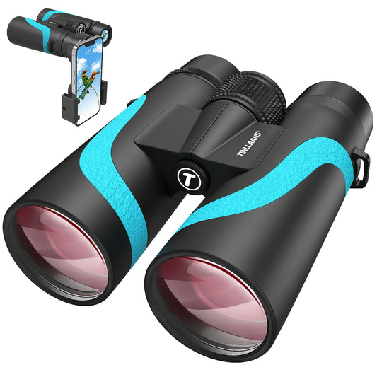 Tinllaans 15x55 HD Binoculars for Adults, High Powered, Large View, BAK4 Prism, Waterproof, Lightweight for Bird Watching, Hiking, Travel, Cruise Trip with Phone Adapter (Blue)