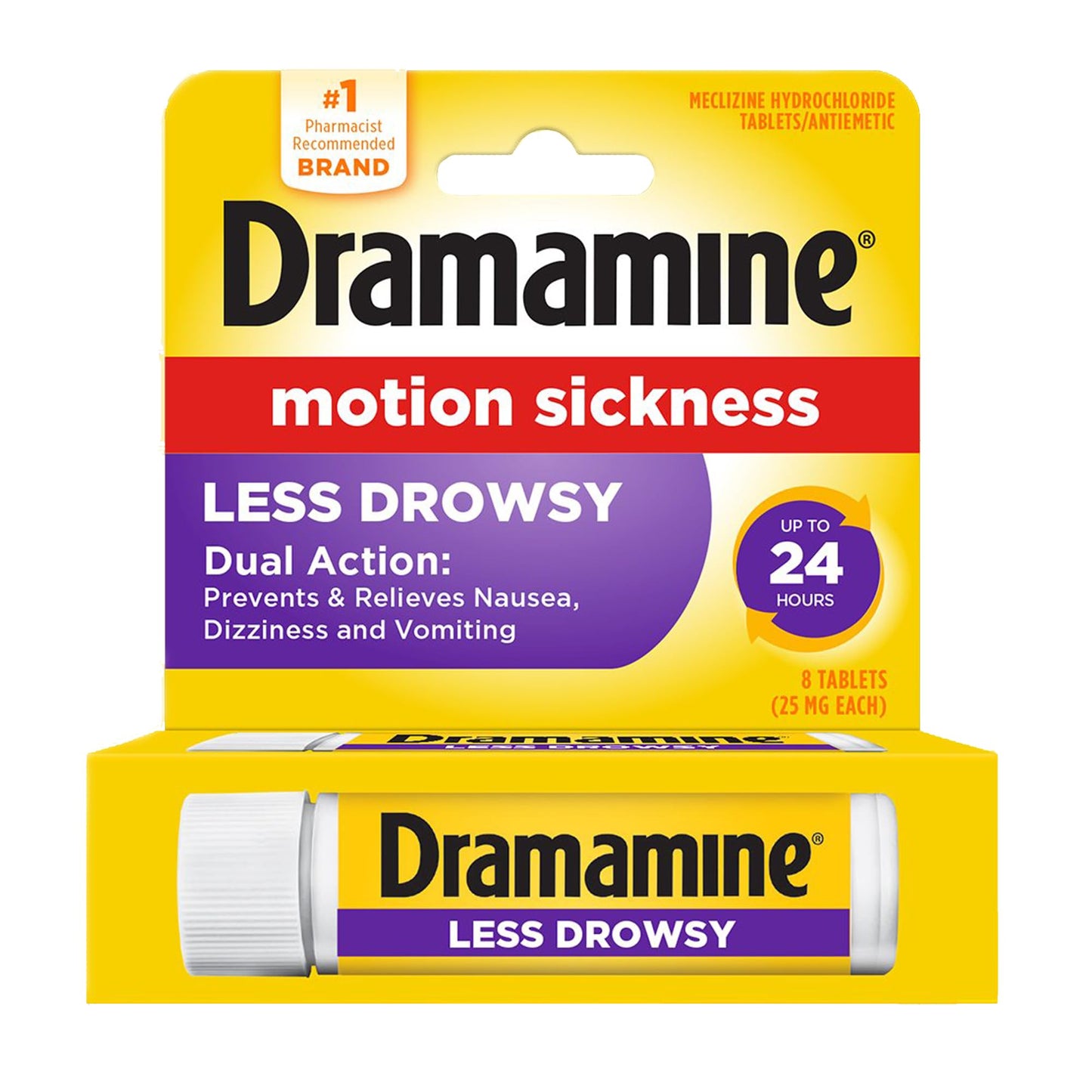 Dramamine Motion Sickness Less Drowsy, Travel Vial, Multicolor, 8 Count