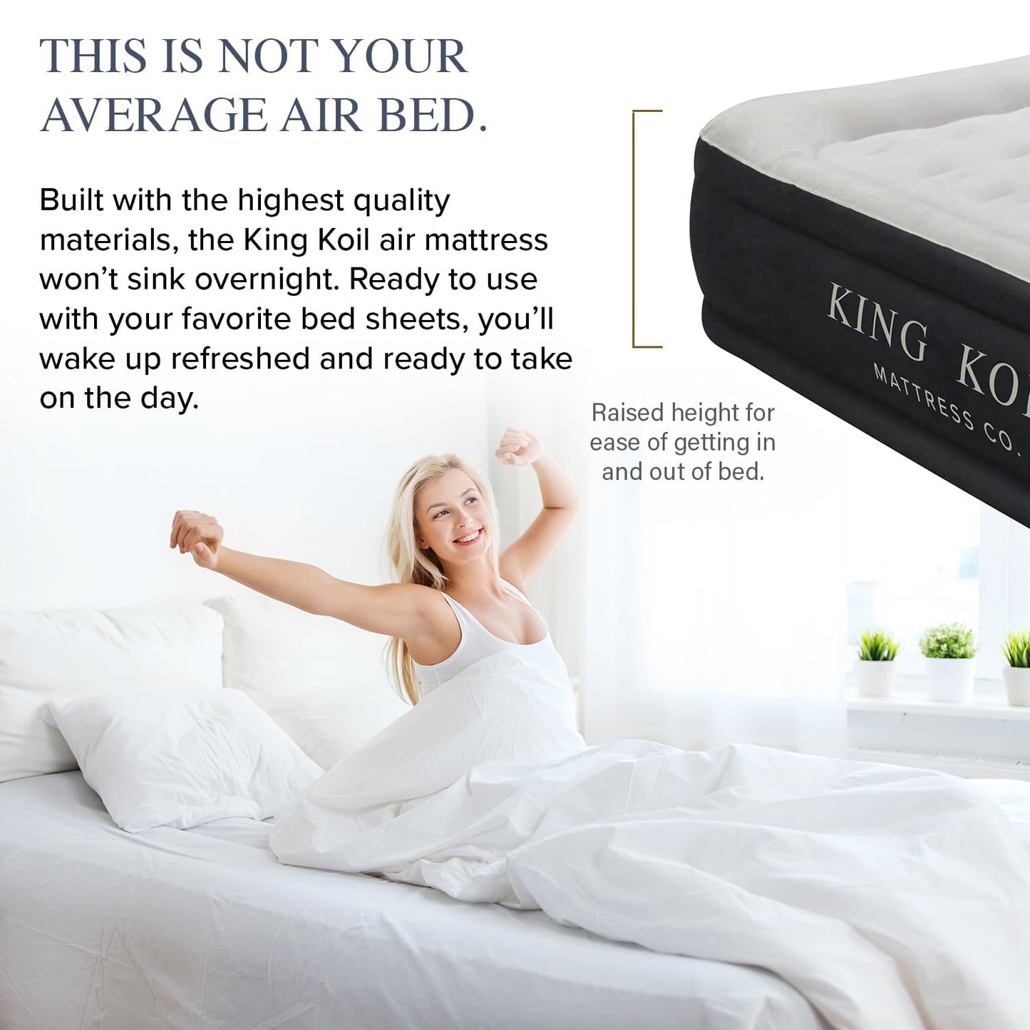 King Koil Luxury Air Mattress Queen with Built in Pump, Integrated Premium Pillow Inflatable Airbed for Guests, Camping & Home (Manufacturer Warranty)