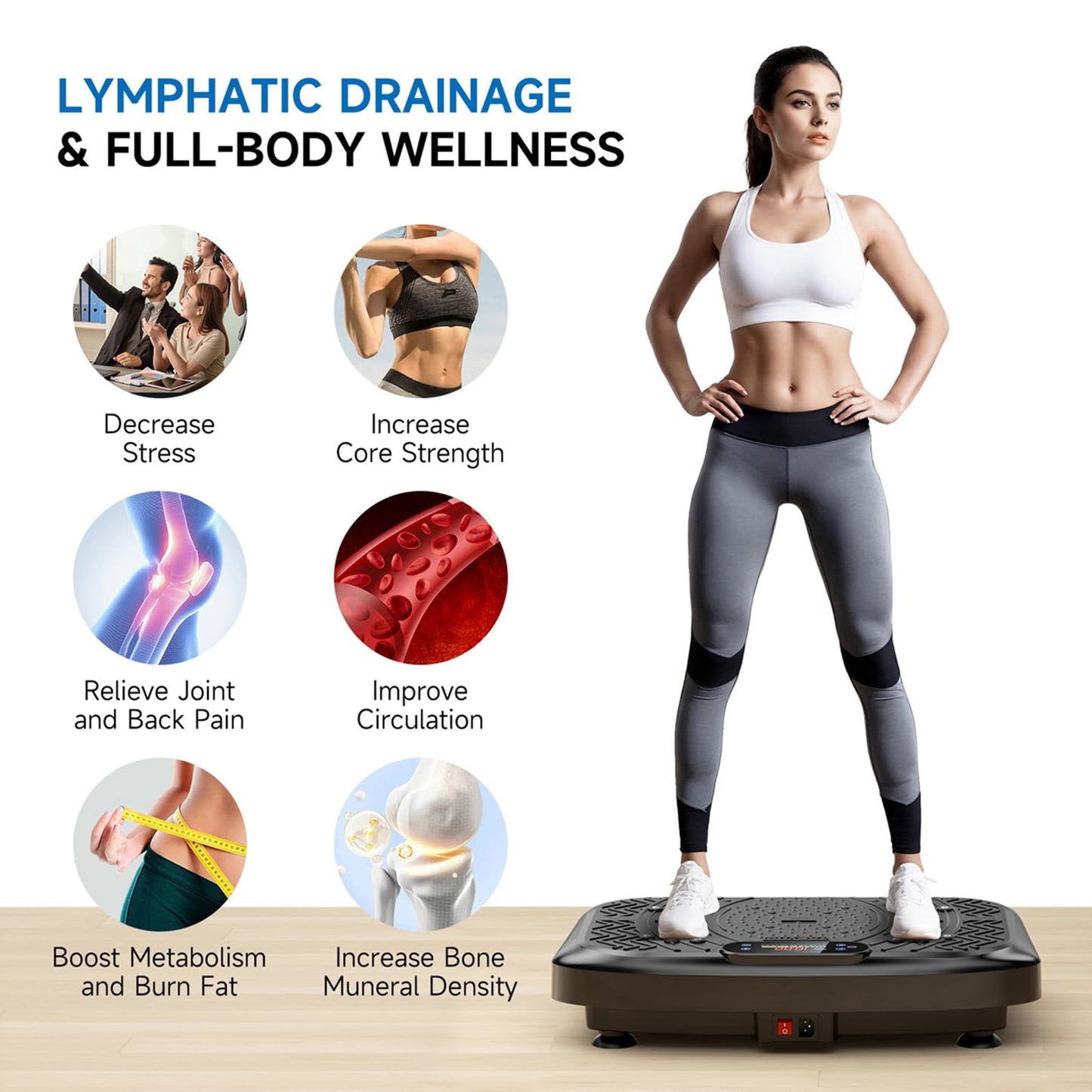 Vibration Plate Exercise Machine Weight Loss, Full Body Workout Vibration Plate Lymphatic Drainage, 199 Adjustable Speeds Power Shaping Vibrating Plate 450 Lbs Capacity Fitness Platform Black