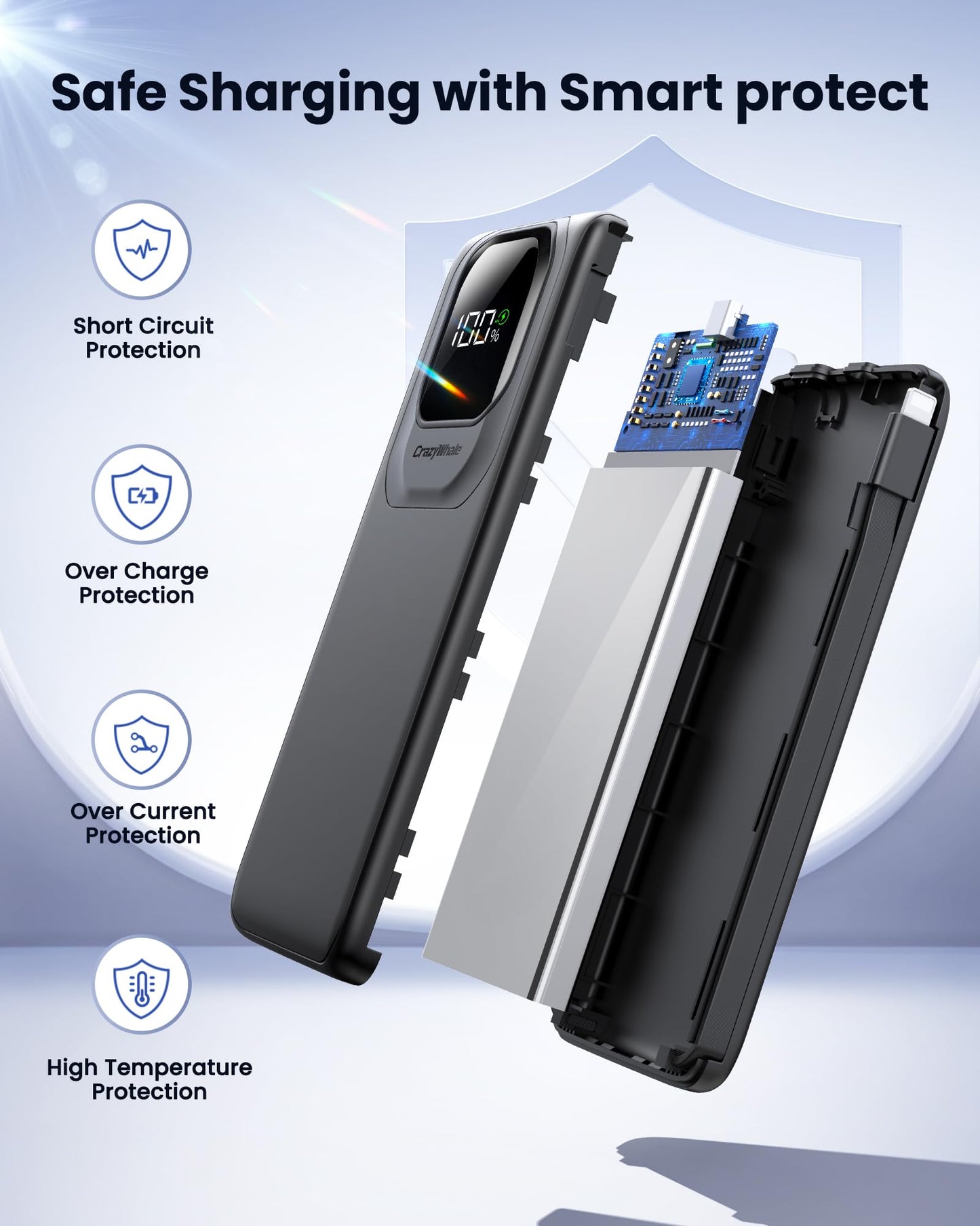 Portable Charger Power Bank with Built-in Type C Cables, 22.5W Fast Charging 10000mAh Phone Charger, Travel Battery Pack Slim Battery Bank with Smart LED Display for iPhone, Android & USB-C