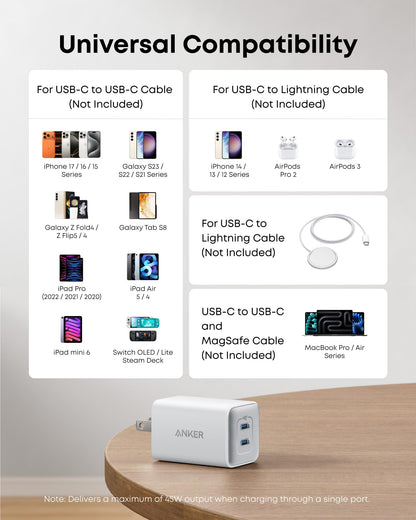 Anker Nano 47W USB C Charger, 2 Port Compact Foldable GaN Charger for iPhone 17 / 16, Galaxy, Pixel, Compatible with MagSafe (White)