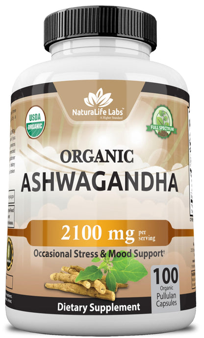Organic Ashwagandha 2,100 mg - 100 Veggie Capsules Pure Organic Ashwagandha Powder and Root Extract - Stress Relief, Mood Enhancer