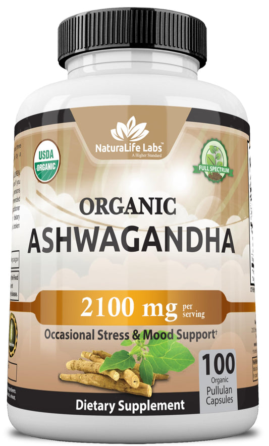 Organic Ashwagandha 2,100 mg - 100 Veggie Capsules Pure Organic Ashwagandha Powder and Root Extract - Stress Relief, Mood Enhancer