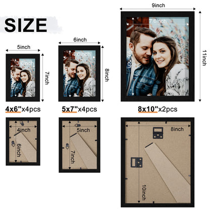 Vittanly 10 Pack Picture Frames Collage Wall Decor, Gallery Frame Set for Wall Mounting or Tabletop Display, Multi Sizes Including 2pcs 8x10, 4pcs 5x7, 4pcs 4x6, Black