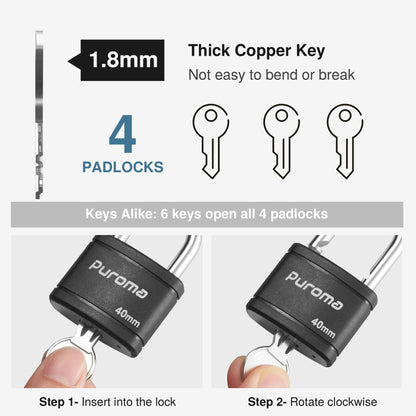 Puroma 4 Pack Keyed Padlock with 6 Keys Alike, 1.1 Inch Locker Lock 40mm Heavy-Duty Locks for Gate Fence Hasp Cabinet Toolbox School Gym Locker (Black)