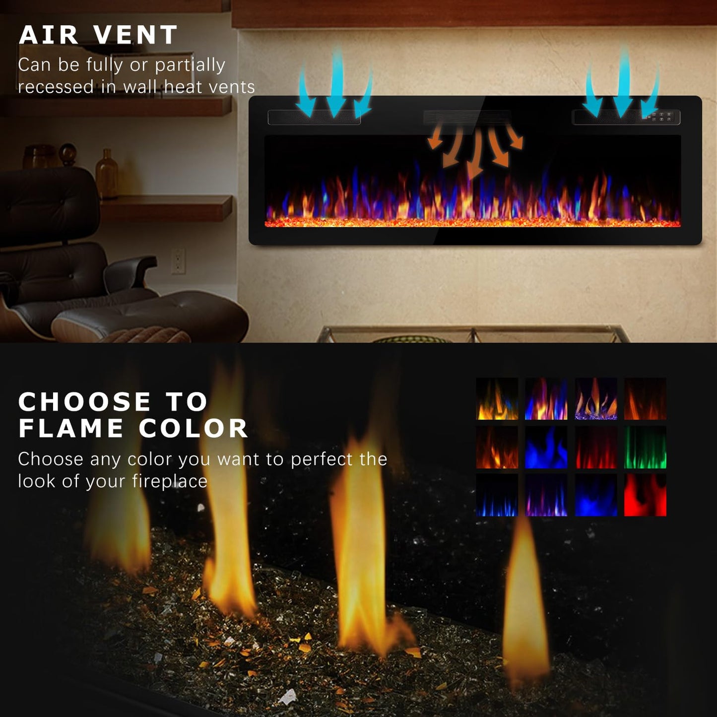 Vitesse 72 Inch Ultra Thin Electric Fireplace-Narrow Bezel Linear Fireplace Heater Recessed Wall Mounted, Remote and Screen Control, 8H Sleep Timer, Low Noise, 750/1500W for Living Room, Bedroom