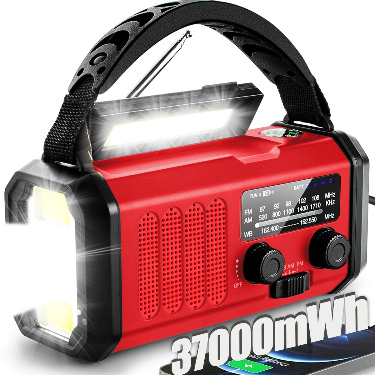 QAUYYW Emergency Weather Radio,37000mWh Portable NOAA/AM/FM Crank Radio, Reading Light, Solar Radio, SOS Emergency Flashlight, Multiple Power Sources,for Hurricanes and Emergencies