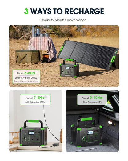 Portable Power Station 1000W (Peak 2000W), 999Wh Solar Generator with 110V Pure Sine Wave AC Outlet, 60W USB-C PD, 10 Ports for Camping RV Van Home Backup Emergency Off-Grid Living