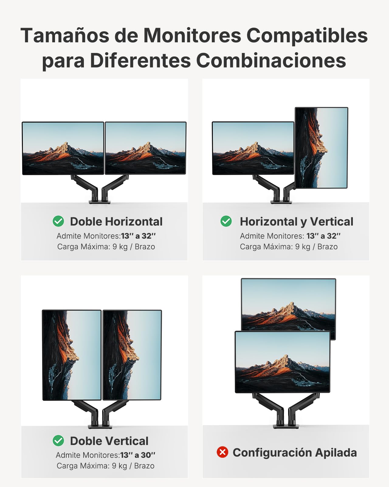 HUANUO Dual Monitor Stand, Fully Adjustable Monitor Desk Mount for 13–32″ Computer Screens, Full Motion VESA 75x75/100x100 with C-Clamp & Grommet Base, Each Arm Holds 4.4 to 19.8 lbs