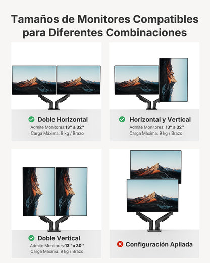 HUANUO Dual Monitor Stand, Fully Adjustable Monitor Desk Mount for 13–32″ Computer Screens, Full Motion VESA 75x75/100x100 with C-Clamp & Grommet Base, Each Arm Holds 4.4 to 19.8 lbs