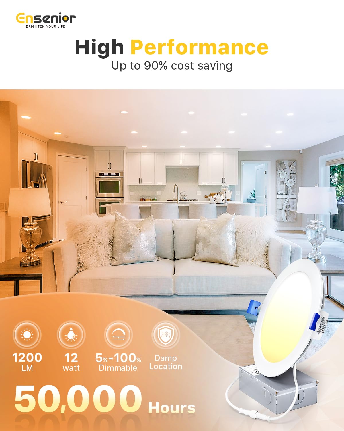 Ensenior 12 Pack 6 Inch LED Recessed Ceiling Light, Dimmable, 2700K-5000K 5CCT, 1200LM 12W 120V, High Brightness Canless Wafer Downlight - ETL&FCC&IC