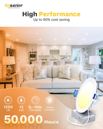 Ensenior 12 Pack 6 Inch LED Recessed Ceiling Light, Dimmable, 2700K-5000K 5CCT, 1200LM 12W 120V, High Brightness Canless Wafer Downlight - ETL&FCC&IC