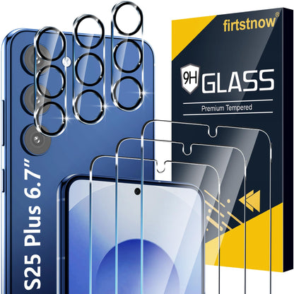firtstnow 3 Pack Glass Screen Protector for Samsung Galaxy S25 Plus [6.7 inch] + 3 Pack Camera Lens Protector, 9H Tempered Glass, Fingerprint Unlock, HD Clear Case Friendly Anti-Scratch
