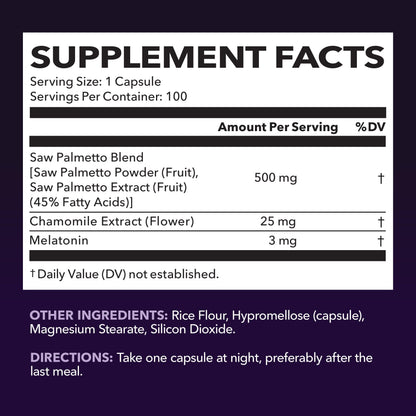 Saw Palmetto PM for Men with Melatonin 3mg - Night Time Prostate Health Supplement for Bladder and Sleep Support - Reduce Urinary Frequency - 100 Count - Vegan, Non-GMO Capsules - Over 3 Month Supply