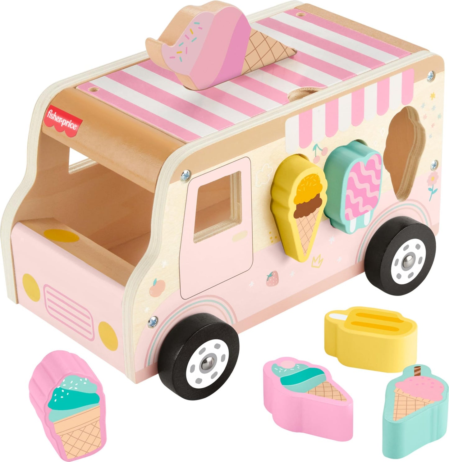 Fisher-Price Wood Toddler Toy Ice Cream Truck Shape Sorter Set, 9 Wooden Pieces for Developmental Play Kids Ages 18+ Months (Amazon Exclusive)