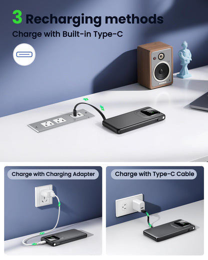 Portable Charger Power Bank with Built-in Type C Cables, 22.5W Fast Charging 10000mAh Phone Charger, Travel Battery Pack Slim Battery Bank with Smart LED Display for iPhone, Android & USB-C