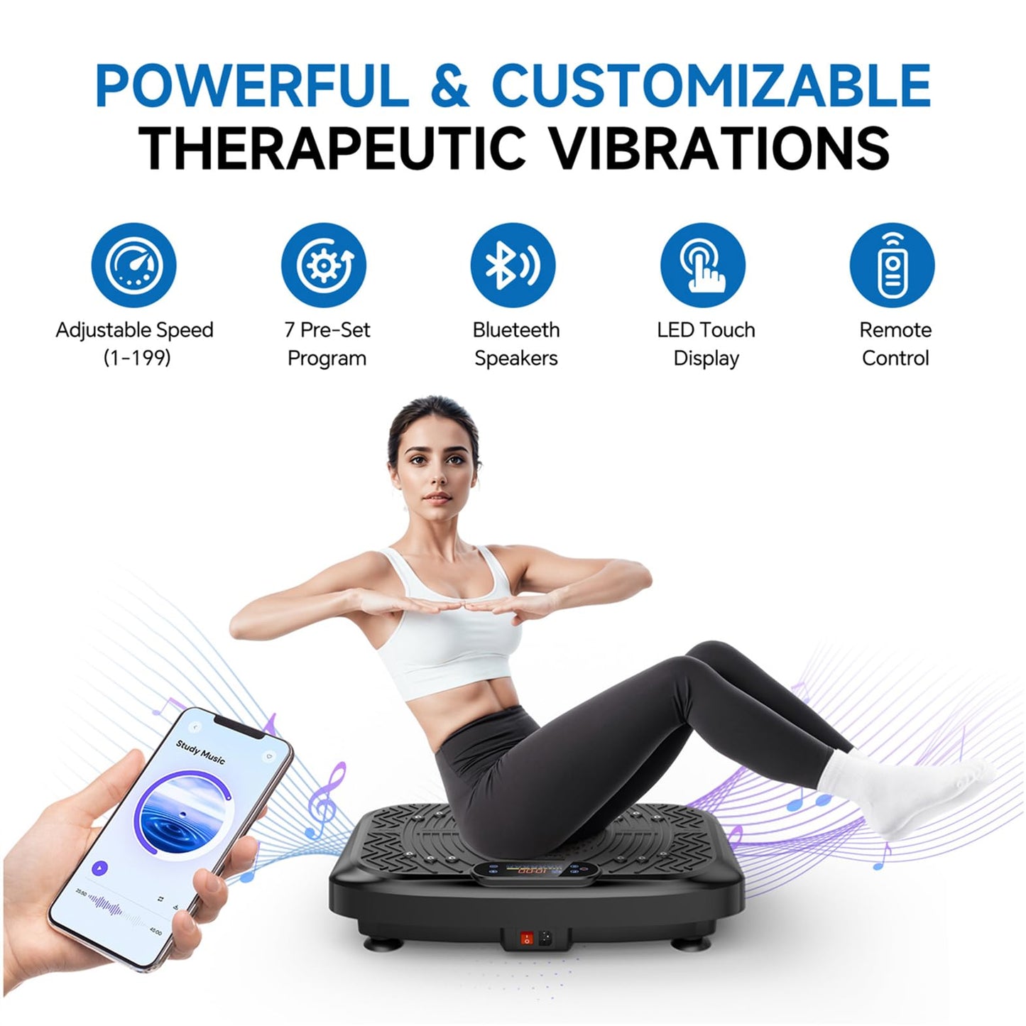 Vibration Plate Exercise Machine Weight Loss, Full Body Workout Vibration Plate Lymphatic Drainage, 199 Adjustable Speeds Power Shaping Vibrating Plate 450 Lbs Capacity Fitness Platform Black