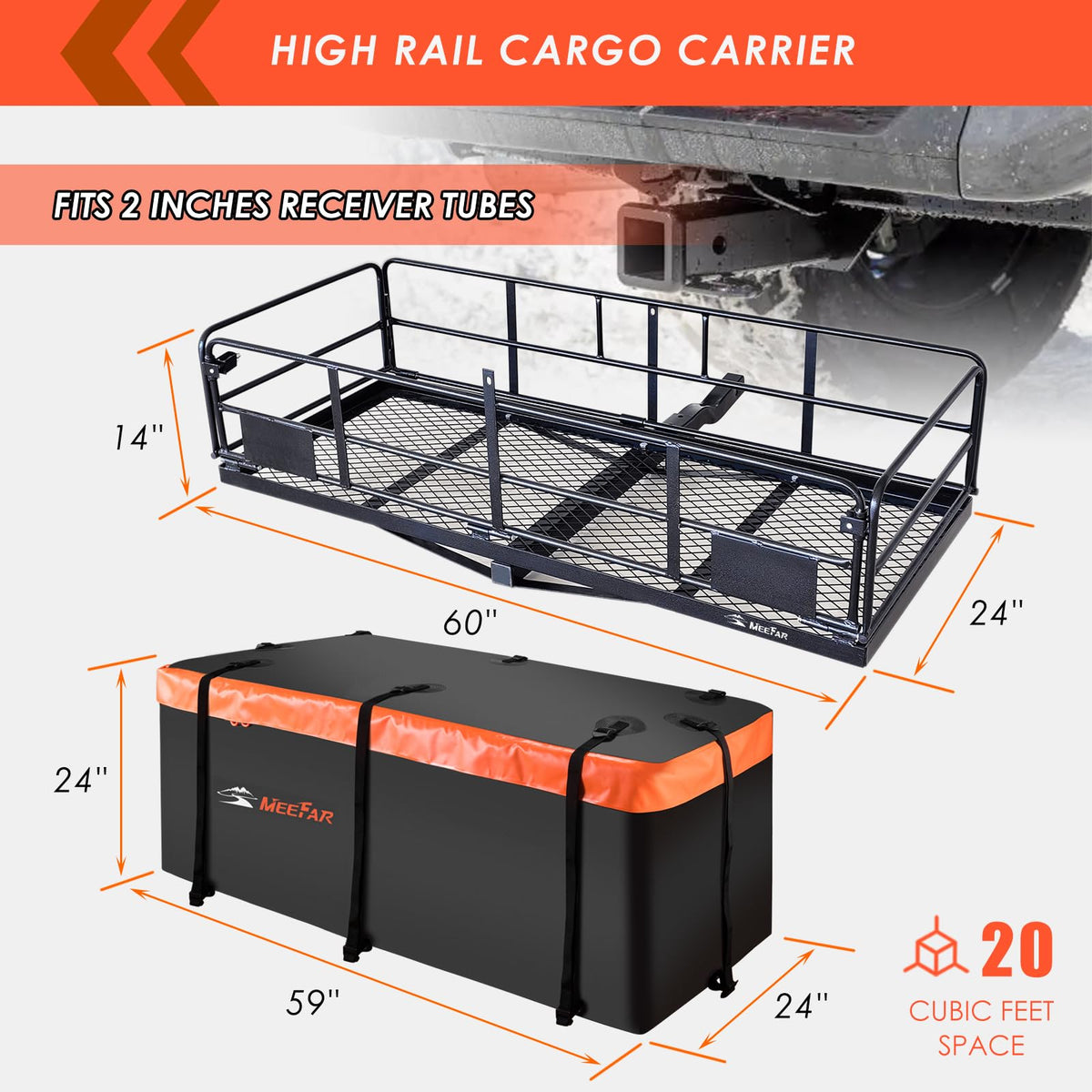 MeeFar High Rail Trailer Folding Hitch Mount Cargo Carrier Basket 60" X 24" X 14"+Waterproof Cargo Bag 20 cu ft(59" 24" 24"), Capacity of 500 Lbs with Hitch Stabilizer, Net, Lock and Straps
