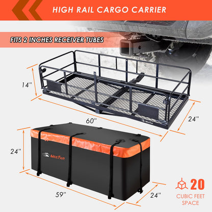 MeeFar High Rail Trailer Folding Hitch Mount Cargo Carrier Basket 60" X 24" X 14"+Waterproof Cargo Bag 20 cu ft(59" 24" 24"), Capacity of 500 Lbs with Hitch Stabilizer, Net, Lock and Straps