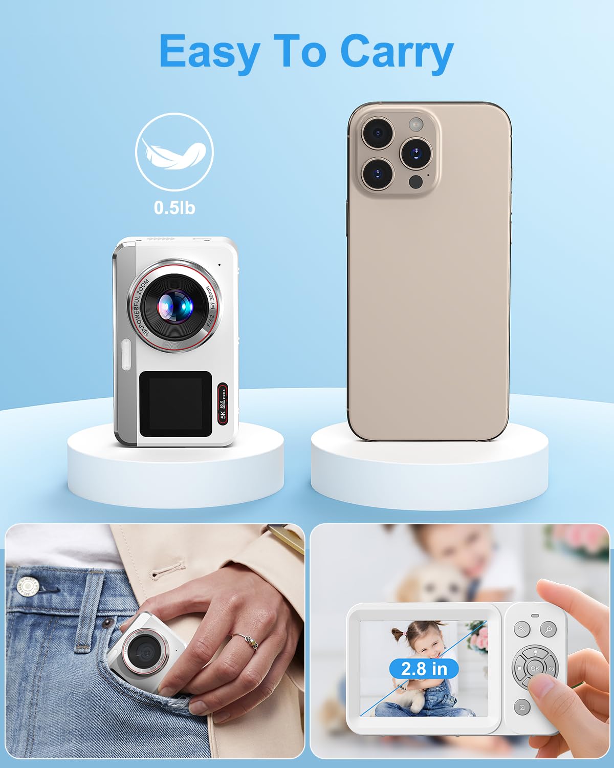 Hoorola 5K Digital Camera, 80MP Dual Screen Autofocus Vlogging Camera, 18X Zoom Point and Shoot Camera for Photography, Flash, 32GB Card, 2 Batteries, Compact Camera for Teens Adults (White)