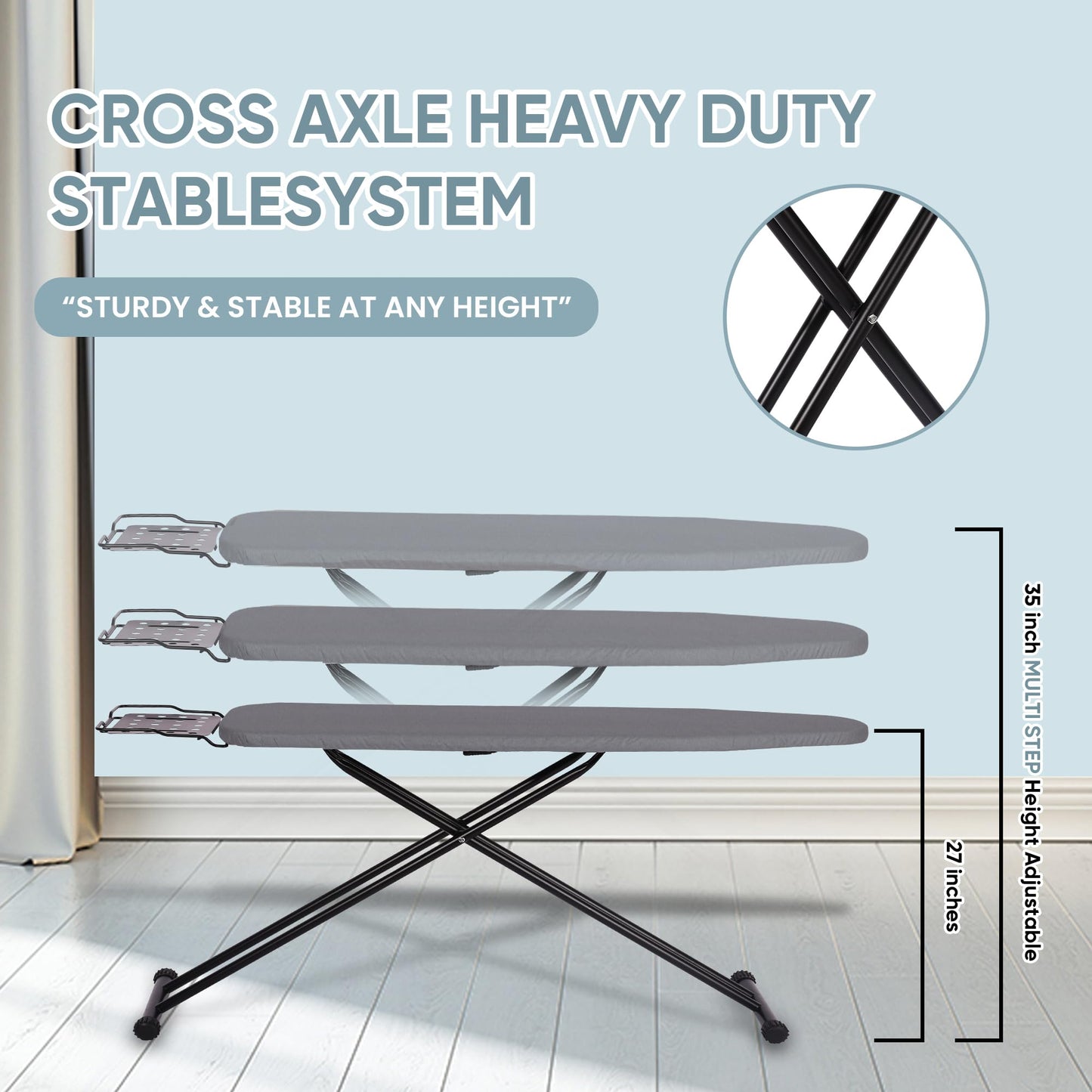 Jakeefud Deluxe Ironing Board with Heat Resistant Cover and Thicken Felt Pad, Heavy Sturdy Legs,Full Size Hanger Iron Board,Foldable (L-Grey)