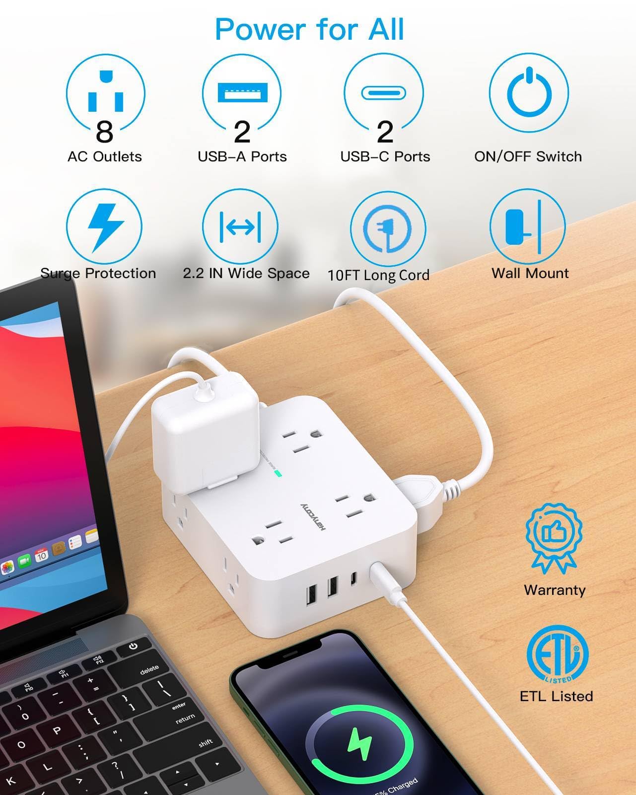 Extension Cord 10 Ft, HANYCONY Surge Protector Power Strip with 8 Widely Outlets 4 USB Ports (2 USB C), 3-Side Outlet Extender Strip, Wall Mount, Ideal for Home Office College Dorm Room Essentials