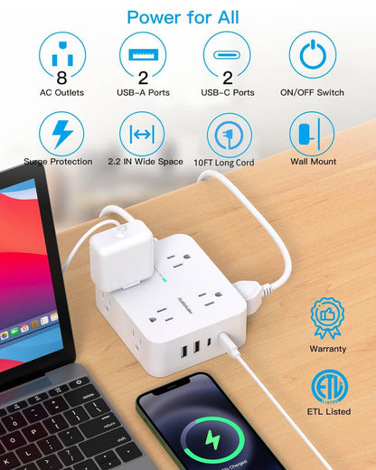 Extension Cord 10 Ft, HANYCONY Surge Protector Power Strip with 8 Widely Outlets 4 USB Ports (2 USB C), 3-Side Outlet Extender Strip, Wall Mount, Ideal for Home Office College Dorm Room Essentials