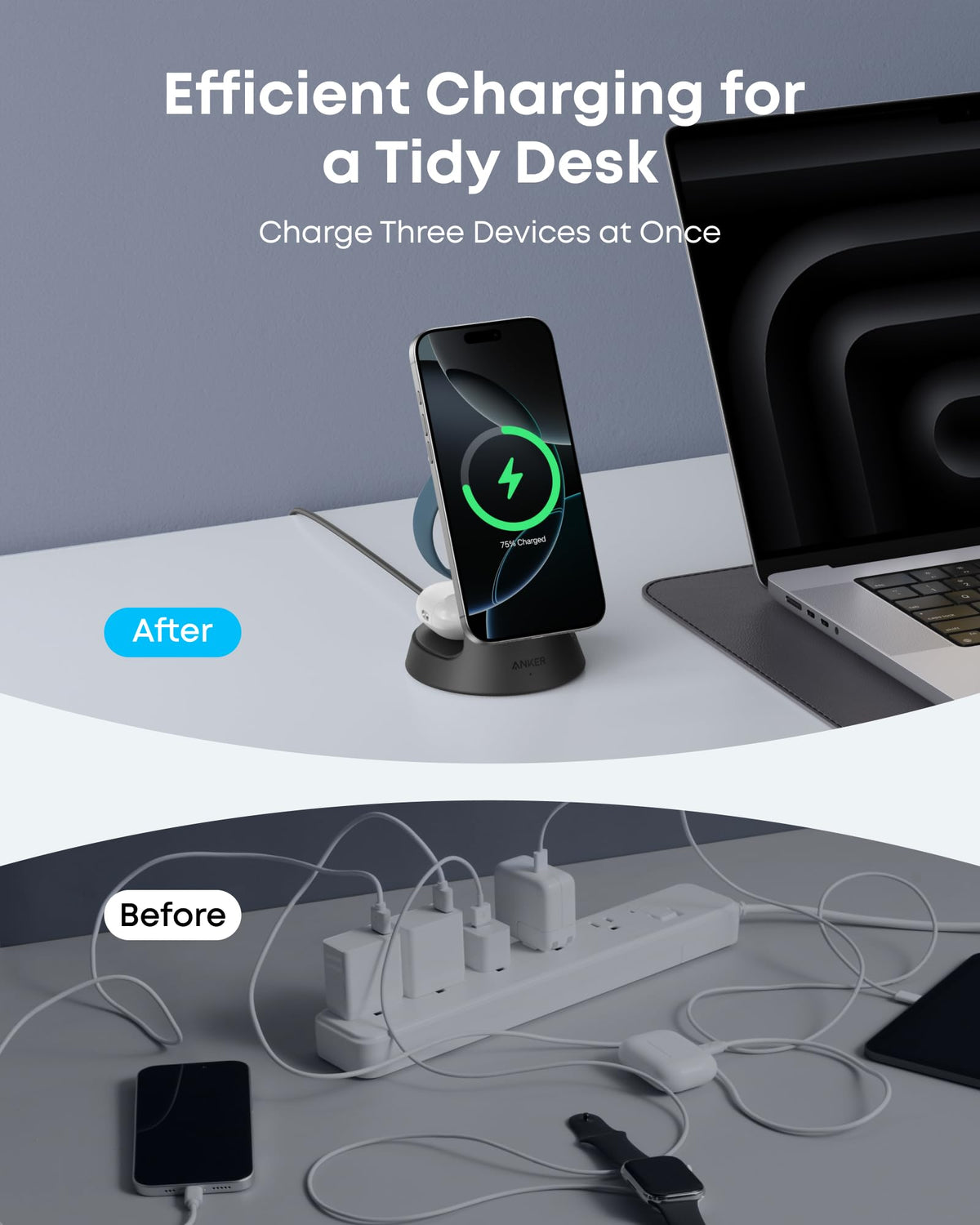 Anker MagSafe Charger Compatible, MagGo 3-in-1 Charging Station, Qi2 Certified 15W Magnetic Wireless Charger Dock Stand, For iPhone16/15/14/13/12 Series, Apple Watch,AirPods,and More(Adapter Included)