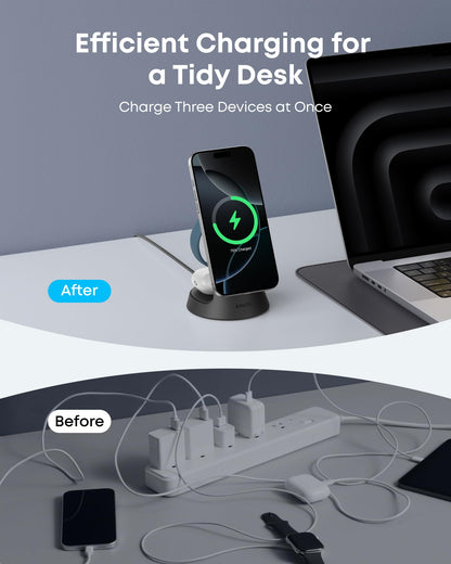 Anker MagSafe Charger Compatible, MagGo 3-in-1 Charging Station, Qi2 Certified 15W Magnetic Wireless Charger Dock Stand, For iPhone16/15/14/13/12 Series, Apple Watch,AirPods,and More(Adapter Included)
