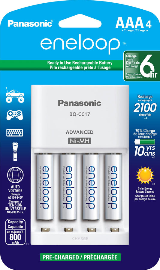 Panasonic K-KJ17M3A4BA Advanced Individual Cell Battery Charger Pack with 4 AAA eneloop 2100 Cycle Rechargeable Batteries
