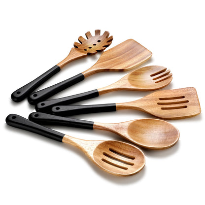 ROSOS Wooden Spoons For Cooking, 6 PCS Natural Acacia Wooden Cooking Utensils or Non-Stick Wooden Kitchen Utensil Set for Kitchen Essentials, Smooth Grip Wooden Spoons with Hanging Hole, Black