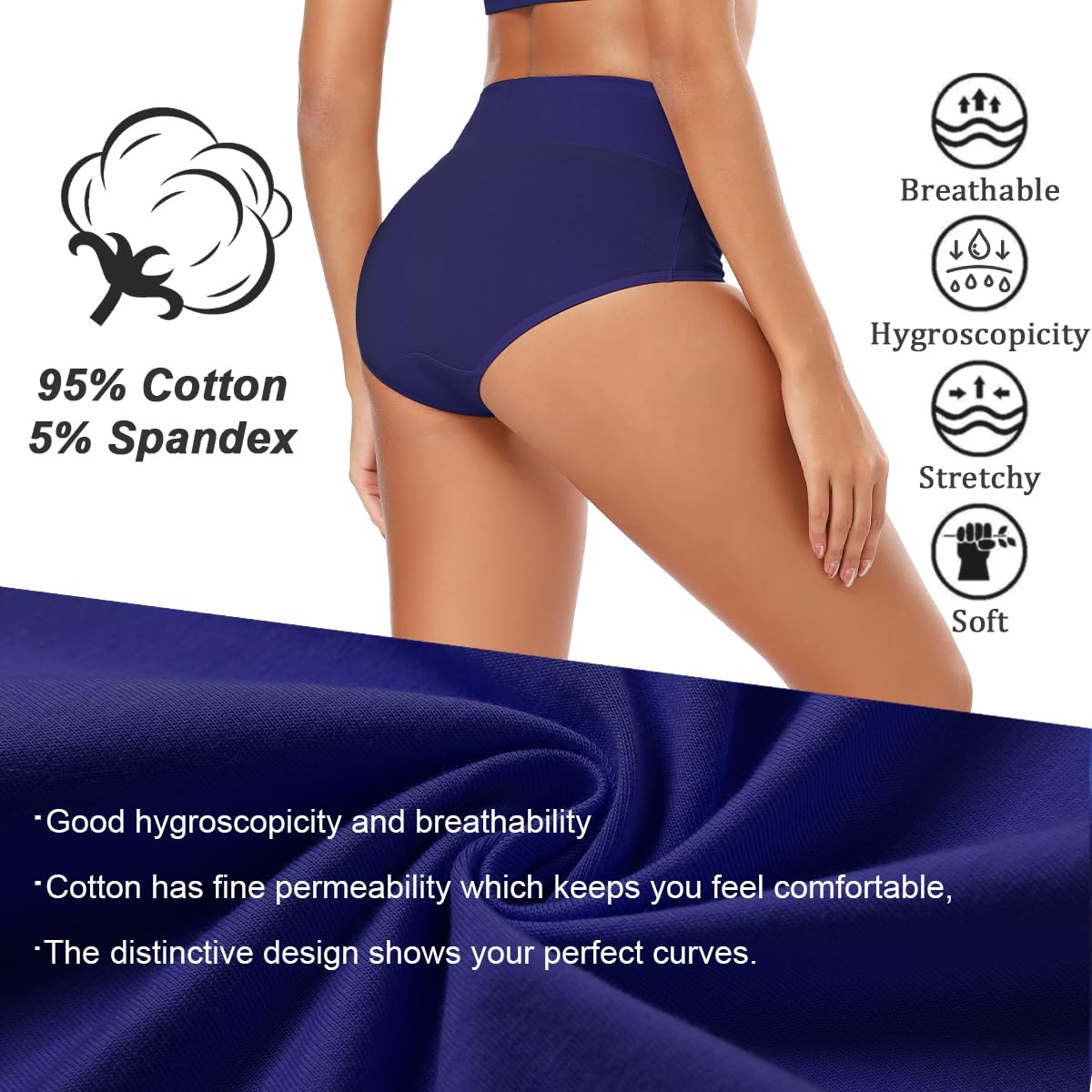 Molasus Women's Soft Cotton Underwear Briefs High Waisted Postpartum Panties Ladies Full Coverage Plus Size Underpants Pack of 5,Small