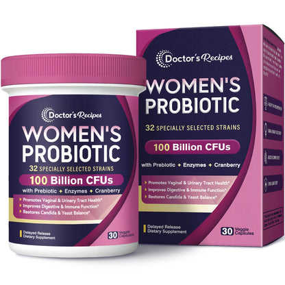 Doctor's Recipes Probiotics for Women, 100 Billion CFU 32 Strains, with Prebiotic Fiber, Enzymes & Cranberry, Vaginal Urinary Digestive & Immune, No Yeast, Shelf Stable, Delayed Release, 30 Caps