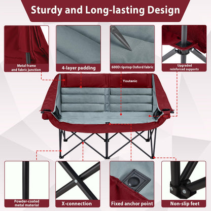 Youtanic Oversized Camping Chair, Double Folding Loveseat Camping Couch with Pocket, Cup Holder and Carry Bag, Heavy Duty Portable Camping Chairs for Adults, Fishing, Sports, Trip, up to 660lbs, Red