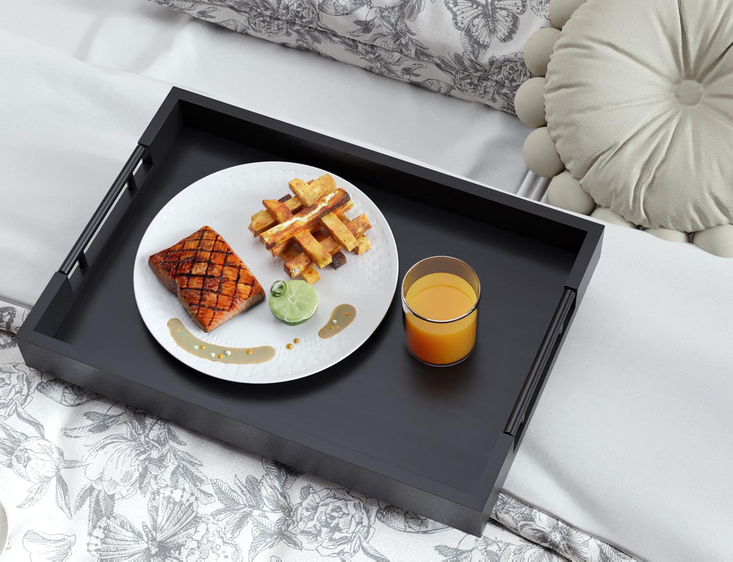 Fibogollo Bamboo Serving Tray with Metal Handles,17x12in Ottoman Decorative Trays Platter for Coffee Table,Living Room,Bar,Party,Large(Black)