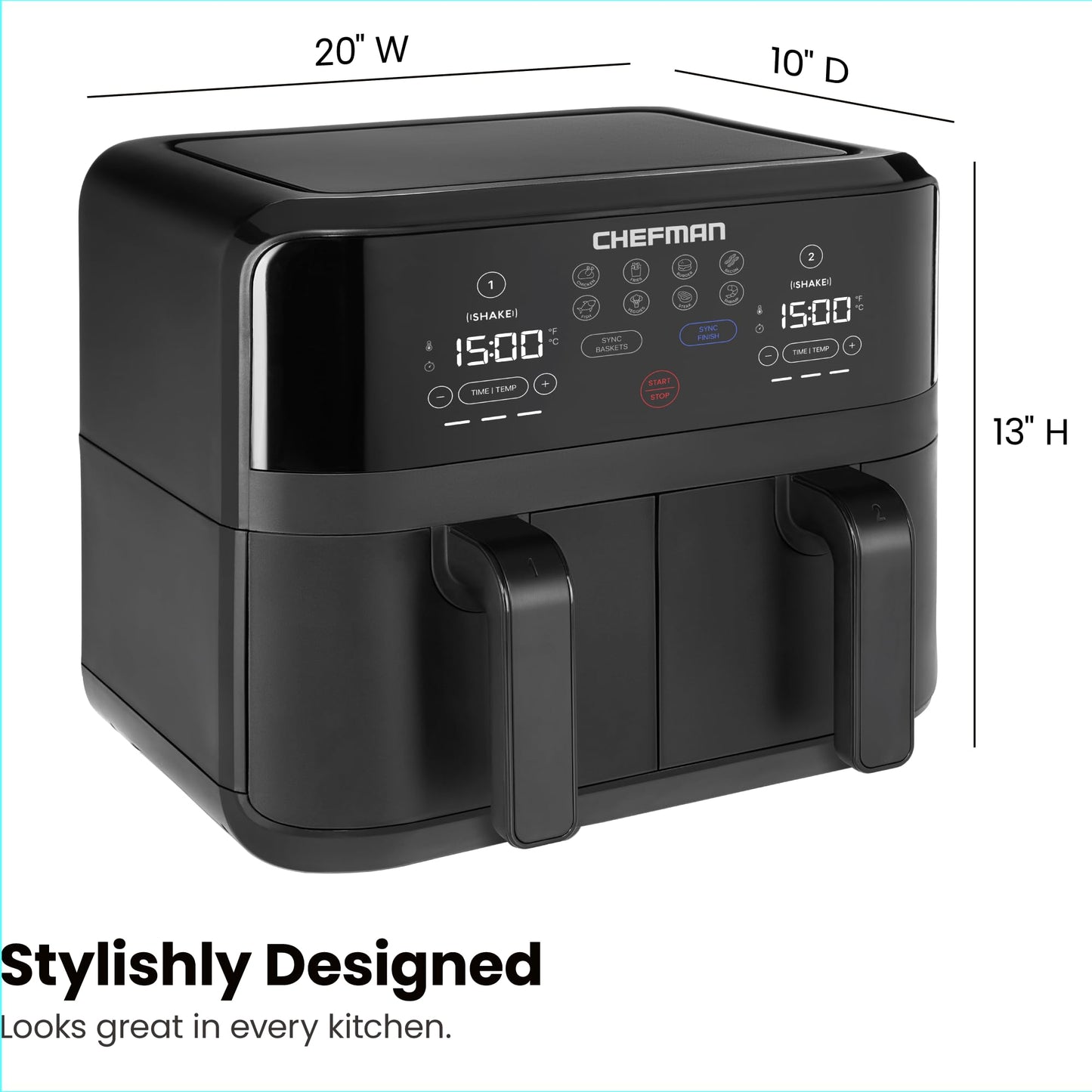 Chefman TurboFry Touch Dual Air Fryer, Maximize The Healthiest Meals With Double Basket Capacity, One-Touch Digital Controls And Shake Reminder For The Perfect Crispy And Low-Calorie Finish