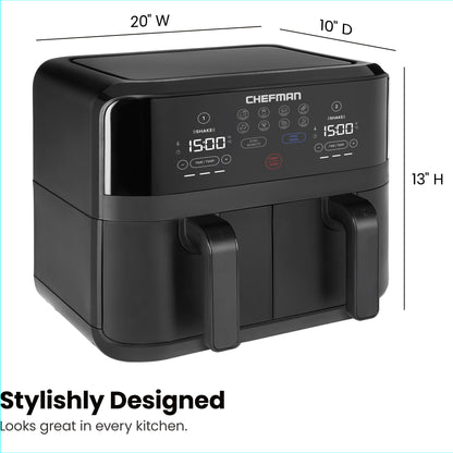 Chefman TurboFry Touch Dual Air Fryer, Maximize The Healthiest Meals With Double Basket Capacity, One-Touch Digital Controls And Shake Reminder For The Perfect Crispy And Low-Calorie Finish